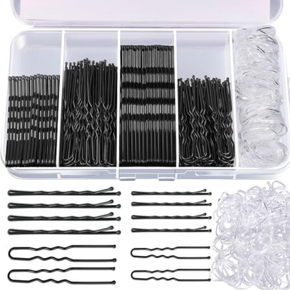 Teenitor 300pcs Hair Pins Bobby Pins Black, 100 Black Bobby Pins 2" 2.75"100 Hair Pins for Women and 100 Clear Hair Bands Kit, U Pins for Buns 2" 2.36" - color: Black