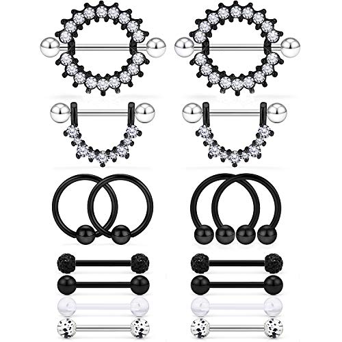 Cisyozi 16G 14G Nipple Piercing Jewelry Tongue Rings Hypoallergenic Surgical Steel Screw Nipple Tongue Shield Ring Barbell Body Piercing Jewelry Retainer for Women 9/16 Inch 14mm - color: G:8Pairs-16g(1.2mm)-Black