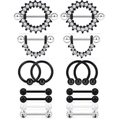 Cisyozi 16G 14G Nipple Piercing Jewelry Tongue Rings Hypoallergenic Surgical Steel Screw Nipple Tongue Shield Ring Barbell Body Piercing Jewelry Retainer for Women 9/16 Inch 14mm - color: G:8Pairs-16g(1.2mm)-Black