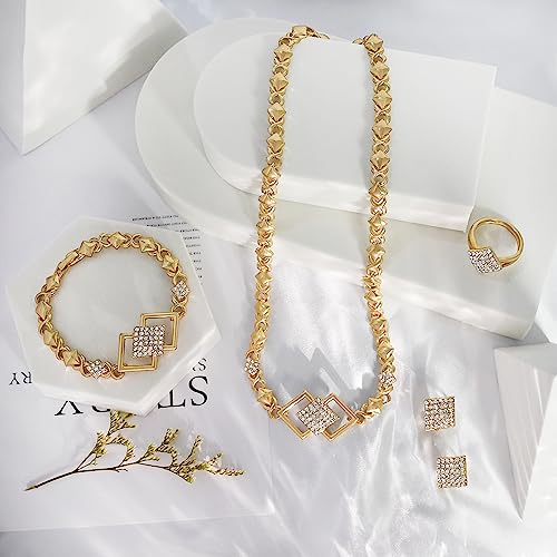 SYHOL Gold Jewelry Sets for Women 18K Gold/Silver Filled Jewelry Necklace Set Wedding Bridal Fashion Jewelry Sets Women Accessories Bracelets Earrings and Rings Sweetheart Gifts - color: X0030-Gold