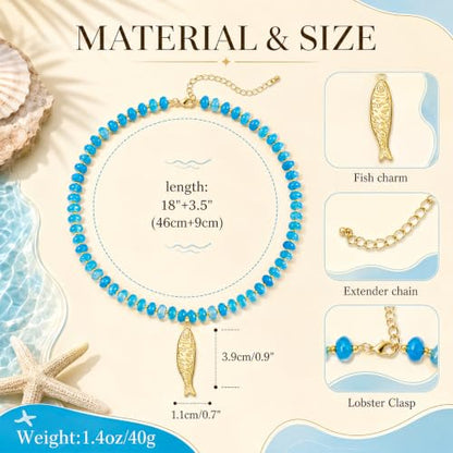YUJIE Dainty Fish Pendant Necklace for Women 14k Gold Plated Ocean Fish Charm Necklace Summer - color: blue bead fish