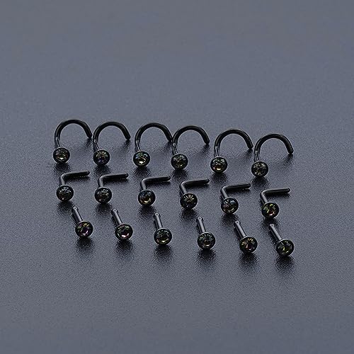 20G & 18G Nose Rings - Black, Silver & Gold Stainless Steel Studs & Screws - L Shaped & Bone Nose Rings Set - Clear CZ Nostril Piercing Jewelry - color: Black: 3mm RQ-CZ/ L Shaped/ 20G/ 6Pcs