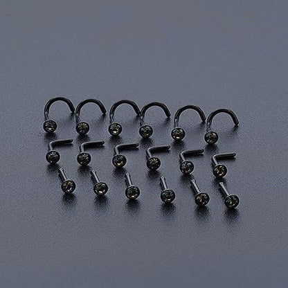 20G & 18G Nose Rings - Black, Silver & Gold Stainless Steel Studs & Screws - L Shaped & Bone Nose Rings Set - Clear CZ Nostril Piercing Jewelry - color: Black: 3mm RQ CZ/ L-Shaped/ 18G/ 6Pcs