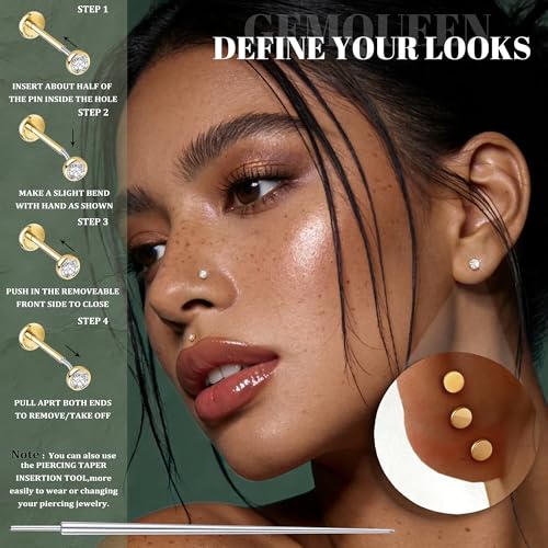 GEMQUEEN 4 Pairs 16G/18G/20G G23 Titanium Implant Grade Nose Studs Threadless Flat Back Earrings Hypoallergenic Flatback 5A CZ Cartilage Helix Tragus Conch Tiny Lip Piercing Jewelry for Women Men - color: Gold-20G(0.8MM)-Bar-6/8MM&CZ-2/3/4MM