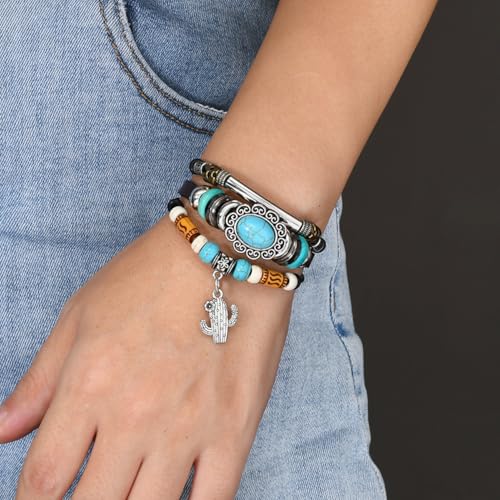 INENIMARTJ Western Turquoise Leather Wrap Bracelets for Men Women Boho Multilayer Turquoise Cuff Wrap Bracelet Western Bracelet Jewelry for Men and Woman - color: 19coffee