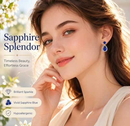 Drop Dangle Earrings Teardrop Gemstone Waterdrop White Gold Plated Crystal Hanging Cubic Zirconia Ruby Sapphire Emerald Jewelry Gift for Women Mother Wife - color: Sapphire