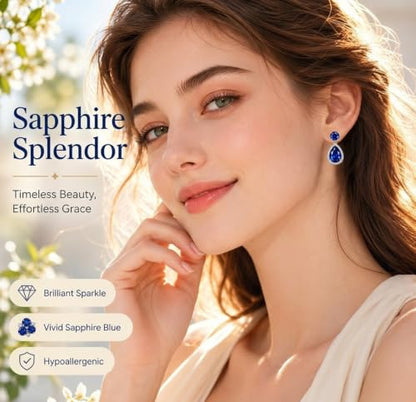 Drop Dangle Earrings Teardrop Gemstone Waterdrop White Gold Plated Crystal Hanging Cubic Zirconia Ruby Sapphire Emerald Jewelry Gift for Women Mother Wife - color: Sapphire
