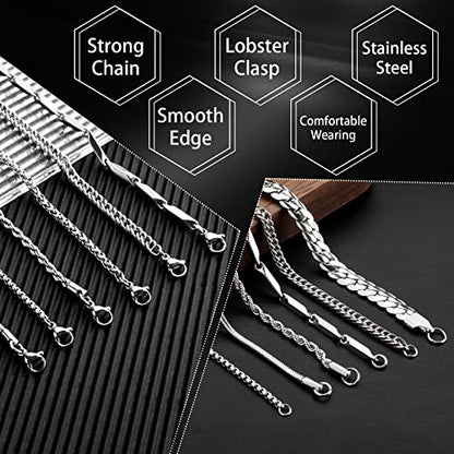 stino 7/8PCs Stainless Steel Chain Necklace Set for Men Women, Silver Tone Necklace Chains Bulk, Figaro Chain, Snake Chain, Cuban Link Chain, Rope Chain. - style: Same-Length 8Pcs