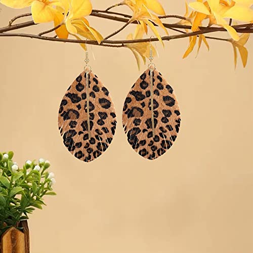 YUNXI Large Genuine Soft Leather Handmade Fringe Feather Lightweight Leaf with Simple Drop Metal Bar Tear Drop Dangle Color Earrings for Women - color: Leopard