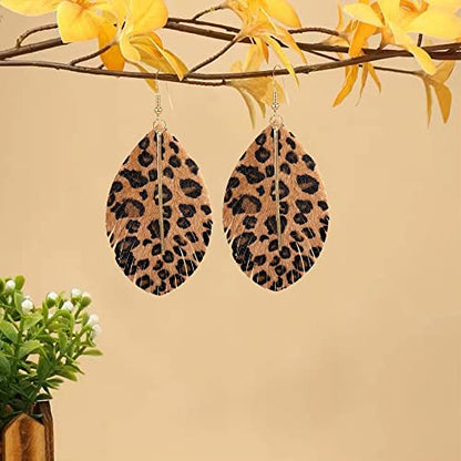 YUNXI Large Genuine Soft Leather Handmade Fringe Feather Lightweight Leaf with Simple Drop Metal Bar Tear Drop Dangle Color Earrings for Women - color: Leopard