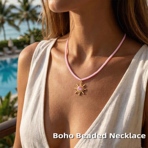 Tgirls Boho Beaded Choker Necklace Opal Bead Necklace Sun Pendant Summer Jewelry for Women - color: Pink