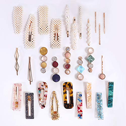 Magicsky 28 PCS Pearls and Macaron Acrylic Resin Hair Clips for Women Girls | Fashion Hair Barrette sets, Fancy Marble Alligator Bobby Pins, Elegant Crystal Geometric Hairpin, Decorative Hair Accessories