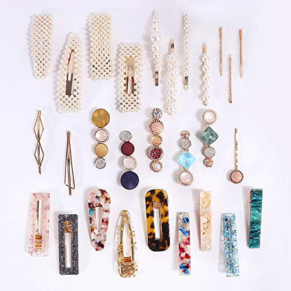 Magicsky 28 PCS Pearls and Macaron Acrylic Resin Hair Clips for Women Girls | Fashion Hair Barrette sets, Fancy Marble Alligator Bobby Pins, Elegant Crystal Geometric Hairpin, Decorative Hair Accessories