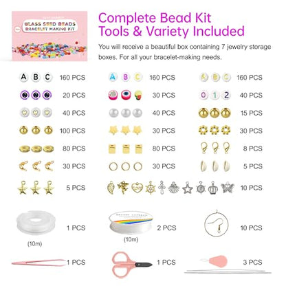 Redtwo 3mm 45000pcs Glass Seed Beads Kit, 7 Boxes 144 Colors Small Beads for Bracelets, Friendship Bracelet Kit with Charms and Letters