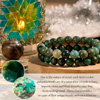 Bivei Natural Crystals Gemstone Healing Stretchy Round Beaded Bracelet | 8MM Semi Precious Beads Bracelet, Handmade Spiritual Jewelry Gift for Women Men,Enhance Positive Energy - color: 8mm Moss Agate & African Turquoise (Peace & Prosperity), size: Large: