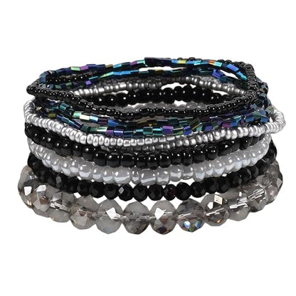 Bohemian Colorful Crystal Glass Beads Seed Beaded Bracelet Handmade Adjustable Stackable Elastic Strand Bangle for Women Summer Beach Hawaii Boho Wristbands Jewelry - color: black