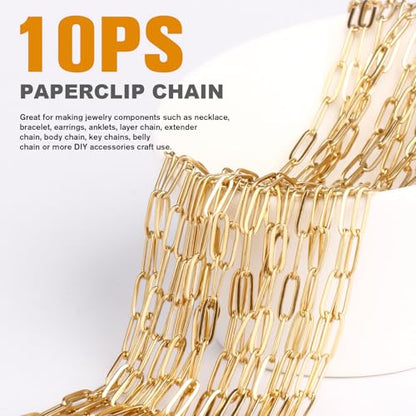 10PCS Gold Paperclip Chain Bulk Stainless Steel Necklace forJewelry Making | 3MM 22 Inches 18K Gold PVD Plated Finished Cable Link Chain Bulk for DIY Necklace Crafts