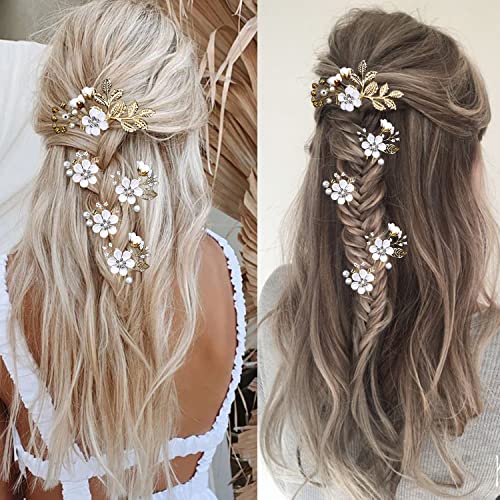 5 Pieces Bridal Flower Wedding Hair Pins Crystal Pearl Hair Pins Clips Headpiece Gold Wedding Hair Accessories Jewelry with Rhinestone for Brides Bridesmaids Women Girls Updo(Pure White Flower) - color: Exquisite Flower Leaves&Pure White Flower