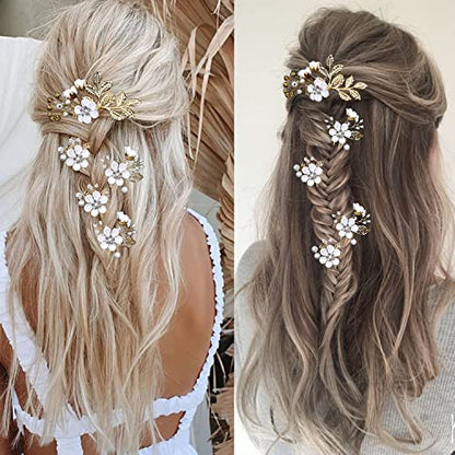 5 Pieces Bridal Flower Wedding Hair Pins Crystal Pearl Hair Pins Clips Headpiece Gold Wedding Hair Accessories Jewelry with Rhinestone for Brides Bridesmaids Women Girls Updo(Pure White Flower) - color: Exquisite Flower Leaves&Pure White Flower