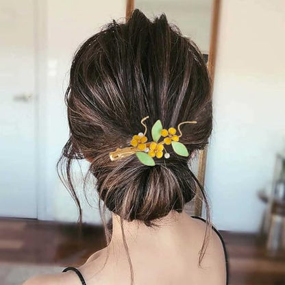 Bridal Flower Hair Clips, Crystal Hair Pins Pearl Rhinestone Hair Barrettes, Wedding Hair Pieces Pearl Headpieces Hair Accessories for Women Girls - color: Green&Yellow