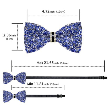 DiBanGu Mens Rhinestone Bow Tie with Ring and Lapel Pin Set | Adjustable Strap,Pre-tied Style,3PCS,Sequin Diamond Bowties，Solid/Mix Color,Shiny Accessory,for Party Prom Banquet Wedding - color: Blue and Silver