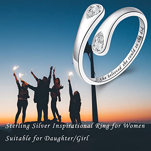 Fookduoduo 925 Sterling Silver Ring Inspirational Jewelry adjustable Wrap Open Rings for Women - style: She believed she could so she did, style 2