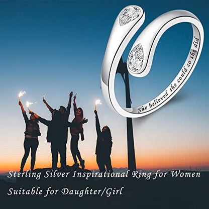 Fookduoduo 925 Sterling Silver Ring Inspirational Jewelry adjustable Wrap Open Rings for Women - style: She believed she could so she did, style 2