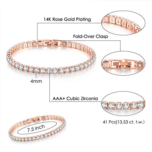 2 Pcs Tennis Bracelets for Women 14K Gold Plated AAA+ Cubic Zirconia CZ Diamond Classic Adjustable Slider Bracelet Fashion Jewelry Wedding Gift Size 6.5-7.5 Inch - color: Rose Gold, size: 7.5 Inches