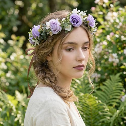 Fairy Purple Flower Crown Headband, Boho Rose Floral Headpiece | Artificial, Adjustable Fairy Woodland Headbands, Women Maternity Wedding Renaissance Festival Birthday Party Accessories - color: White-purple