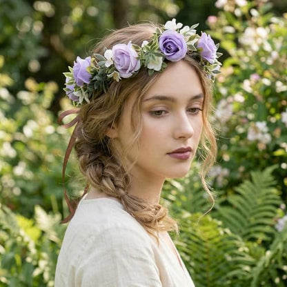 Fairy Purple Flower Crown Headband, Boho Rose Floral Headpiece | Artificial, Adjustable Fairy Woodland Headbands, Women Maternity Wedding Renaissance Festival Birthday Party Accessories - color: White-purple
