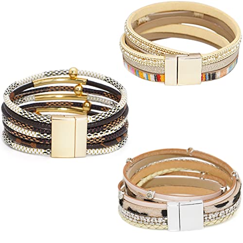 Wowanoo 3Pack Leather Cuff Bracelet Set Multilayer Wrap Bracelet Crystal Feather Tree Bracelet Magnetic Clasp Bracelet for Women - color: Colorful