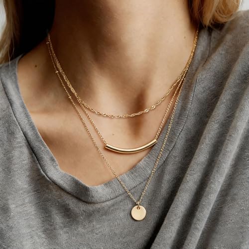 Aisansty Dainty Layered Choker Necklaces Handmade Coin Tube Star Pearl Pendant Multilayer Adjustable Layering Chain Gold Plated Necklaces Set for Women - color: Gold, style: Chain,Elegant,Gold Plated,Simple