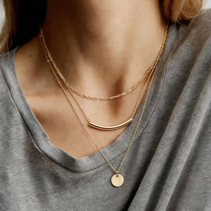 Aisansty Dainty Layered Choker Necklaces Handmade Coin Tube Star Pearl Pendant Multilayer Adjustable Layering Chain Gold Plated Necklaces Set for Women - color: Gold, style: Chain,Elegant,Gold Plated,Simple