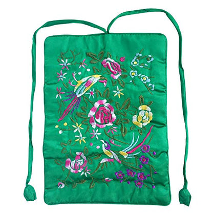 Travel Jewelry Roll Bag - Silk Embroidered Brocade Pouch for Rings, Necklaces, Earrings, Bracelets | Lightweight & Tie Closure (Dark Green) - color: Dark Green