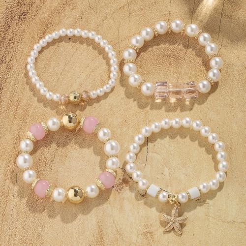Bohemian Pearl Bracelet Set, 4 Piece Elastic Stretch Beaded Wrist Chain with Starfish Pendant, Boho Faux Pearl Multi-Color Stackable Bracelets for Women - color: Pink