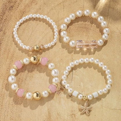 Bohemian Pearl Bracelet Set, 4 Piece Elastic Stretch Beaded Wrist Chain with Starfish Pendant, Boho Faux Pearl Multi-Color Stackable Bracelets for Women - color: Pink