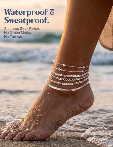 Subiceto Ankle Bracelets for Women Waterproof - 14K Gold Plated Non Tarnish Anklets Set Dainty Stainless Steel Stackable Layered for Beach Summer Jewelry Adjustable - color: 6Pcs-Silver