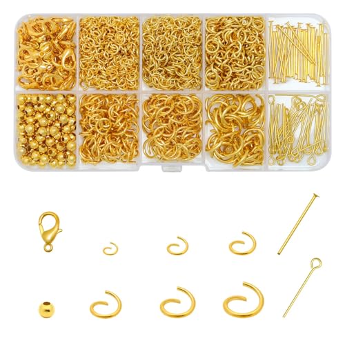 Jump Rings for Jewelry Making Kit, Open Jump Rings Jewelry Repair Kit for Necklace Bracelet, Lobster Clasps and Closures Repair Supplies Kit, (Gold) - color: Gold