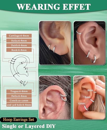 Surgical Steel Huggie Hoop Earrings & Flat Back Studs for Women Men, 6mm-14mm Small Hoops for Cartilage Helix Tragus Lobe, 1-10 Pairs Multiple Piercing Jewelry Set for Sensitive Ears - style: 1Pair,SIlver,9mm(THK:1.6mm)