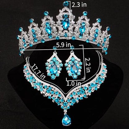 Crowns and Tiaras jewelry sets for Wedding princess birthday party Halloween Prom Pageant Jewelry for Women Crystal Bridal Jewelry Set for women - color: Silver lack bule