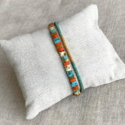 Tila Flat Beaded Stretch Bracelets for Women Stackable Gold Colorful Seed Beads Boho Bracelet Stack Adjustable Rope String Friendship Jewelry Trendy Holiday Gift - color: Teal
