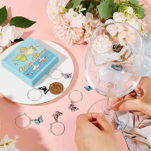 SUNNYCLUE 1 Box 12Pcs Wine Glass Charms Enamel Butterfly Wine Glass Markers Charms Drink Identifiers Silver Brass Beading Hoops Stemless Rings for for Stem Tasting Party Decor - style: 12 Sets Silver Tone Butterfly Drink Identifiers & Upgraded Gift Box