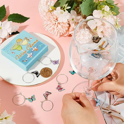 SUNNYCLUE 1 Box 12Pcs Wine Glass Charms Enamel Butterfly Wine Glass Markers Charms Drink Identifiers Silver Brass Beading Hoops Stemless Rings for for Stem Tasting Party Decor - style: 12 Sets Silver Tone Butterfly Drink Identifiers & Upgraded Gift Box