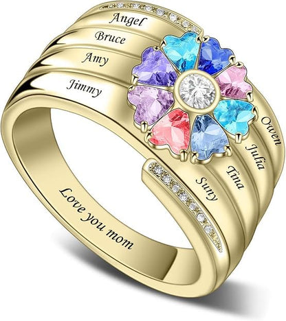 Custom Multi-Stone Family Ring 925 Sterling Silver/10K/14K/18K Gold Colored Personalized (2-8 stones) Birthstone Engraved Ring for Women Mom Wife Jewelry Gifts - style: Eight Stone