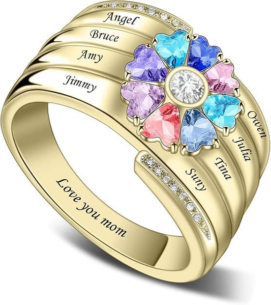 Custom Multi-Stone Family Ring 925 Sterling Silver/10K/14K/18K Gold Colored Personalized (2-8 stones) Birthstone Engraved Ring for Women Mom Wife Jewelry Gifts - style: Eight Stone