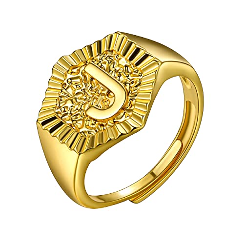 U7 Initial Ring Wedding Band for Men Women 18K Gold Plated Statement Hexagon A-Z Letter Jewelry Personalized Stackable Signet Rings - color: J