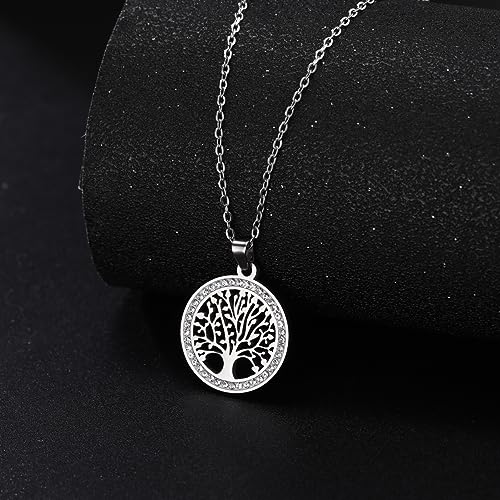 Dreamtimes Tree of Life Necklace for Women Stainless Steel Gold Color Clear Zircon Round Pendant Neck Chains Family Tree Fashion Charm Luxury Jewelry Wedding Gift - color: SILVER