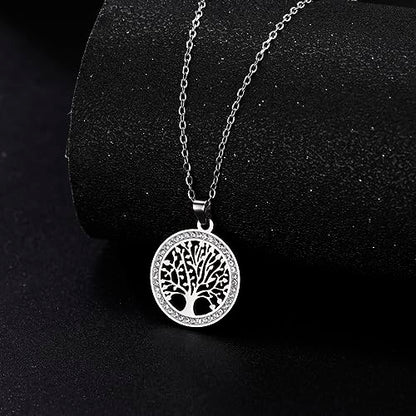 Dreamtimes Tree of Life Necklace for Women Stainless Steel Gold Color Clear Zircon Round Pendant Neck Chains Family Tree Fashion Charm Luxury Jewelry Wedding Gift - color: SILVER