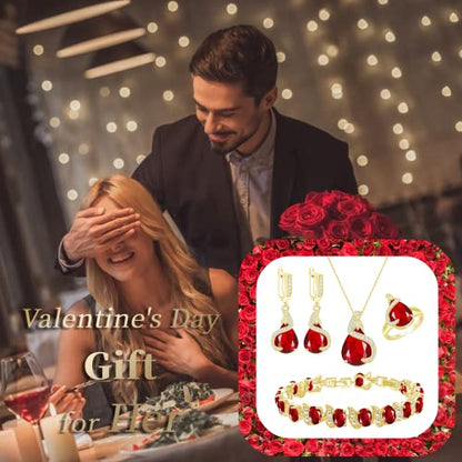 GZWHD Jewelry Set for Women Water Drop Cubic Zirconia Artificial Crystal Earrings Pendant Necklace Open Ring Tennis Bracelet Wedding Anniversary Birthday Engagement Gift for Bridesmaid Wife Girlfriend Friend - color: Gold-Ruby