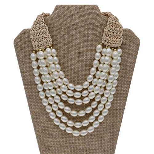 utop JNF Hand made Pearl Statement Necklace for Women Rhinestone Multilayer Crystal Necklaces Chunky Pearl Necklace Large Pearl Necklace and Earrings Set for Mother Mom's gift - color: white bead pearl necklace